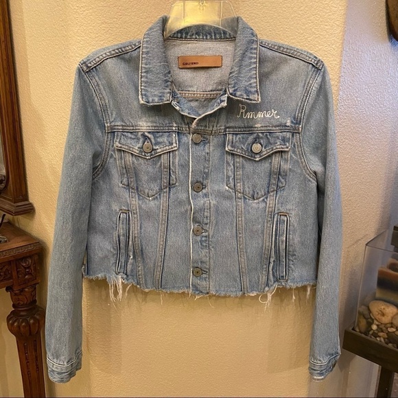 GRLFRND Women Blue Embroidered Raw High-Low Hem Jean JacketSize Small